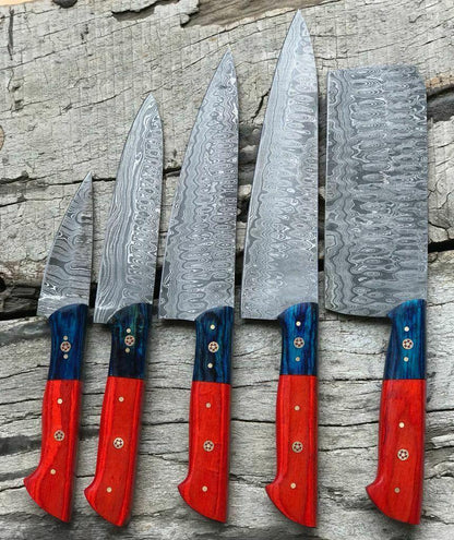 Chef Knife Set Damascus Handmade Lot (5) with Dollar Wood Handles
