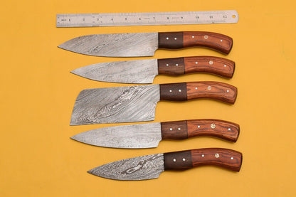 Custom Damascus Chef Knife Set  Lot Of 5 With Dollar Wood Handle 1
