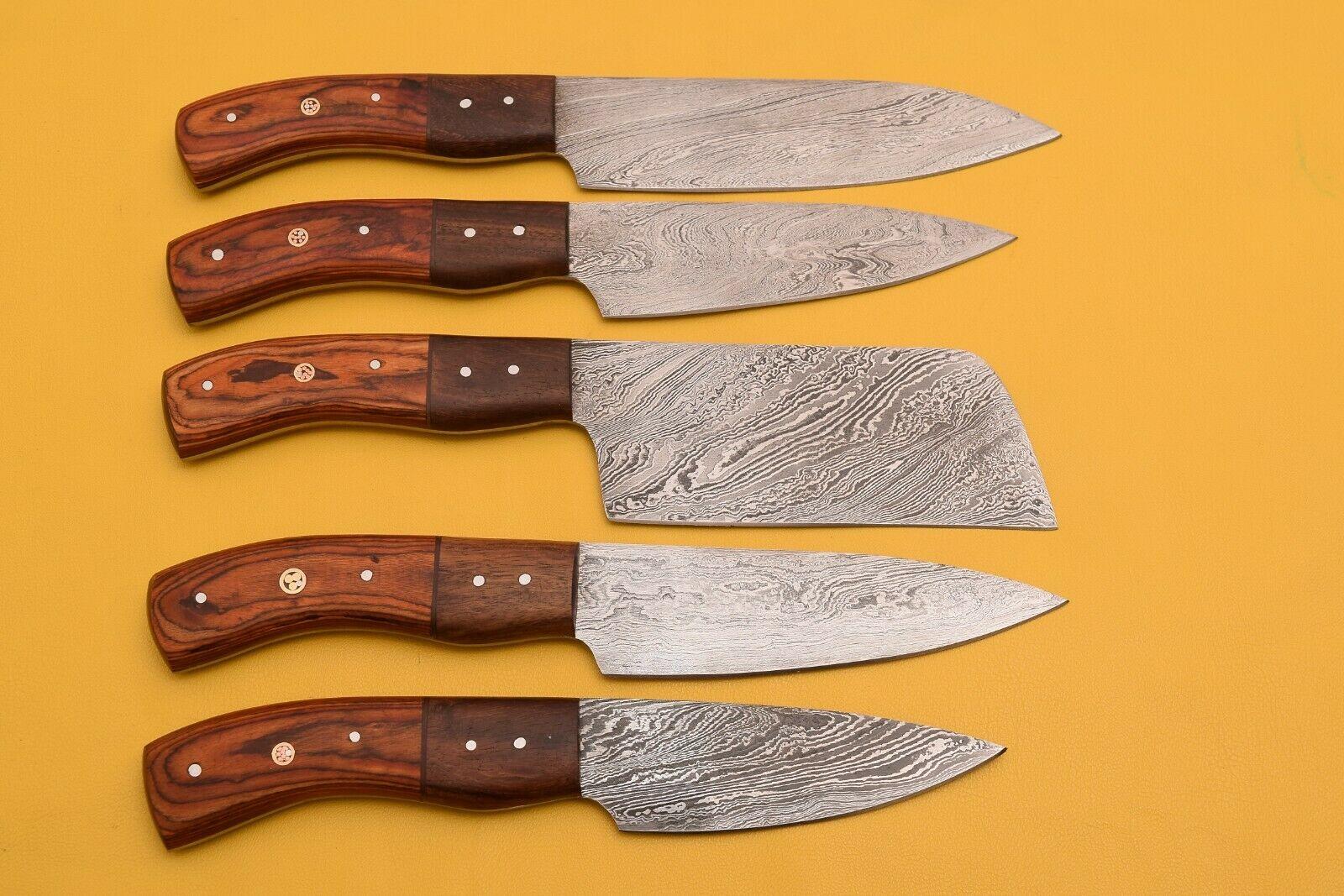 Custom Damascus Chef Knife Set  Lot Of 5 With Dollar Wood Handle 2