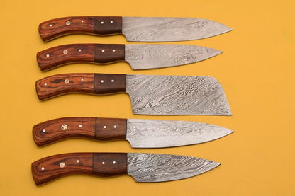 Custom Damascus Chef Knife Set  Lot Of 5 With Dollar Wood Handle 2