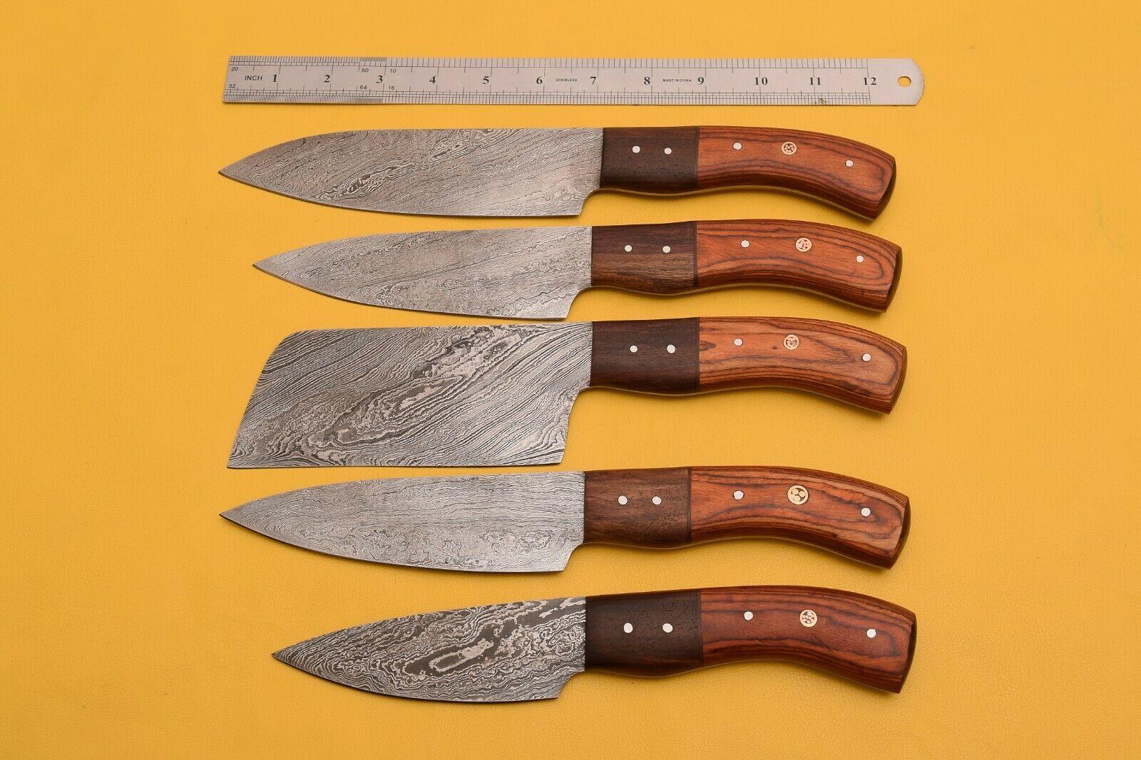 Custom Damascus Chef Knife Set | Lot of 5 with Dollar Wood Handle
