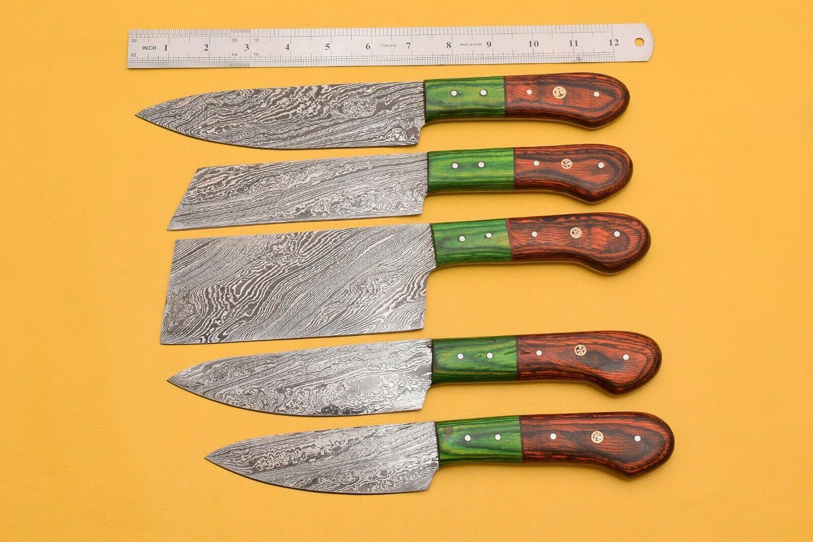 Handmade Damascus Chef Set  5 Pc Knife Lot With Dollar Wood 1