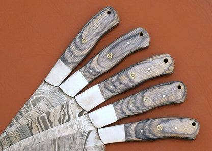 Custom Handmade Damascus Kitchen Knives  Set Of 5 Dollar Wood 3