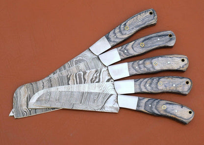 Custom Handmade Damascus Kitchen Knives  Set Of 5 Dollar Wood 2