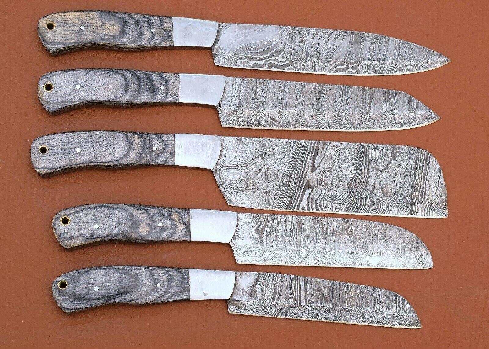 Custom Handmade Damascus Kitchen Knives  Set Of 5 Dollar Wood 1