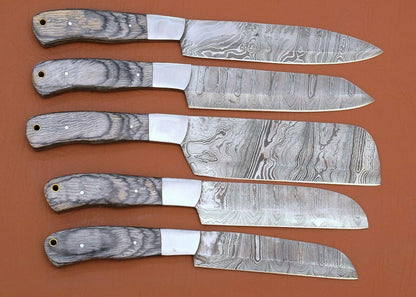 Custom Handmade Damascus Kitchen Knives  Set Of 5 Dollar Wood 1