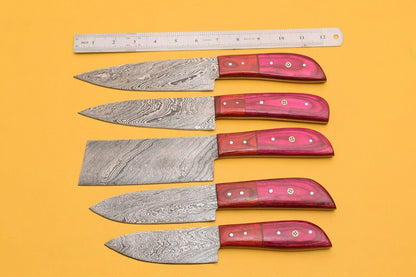 Damascus Chef Knives Handmade | 5 Pc Dollar Wood Handle Set