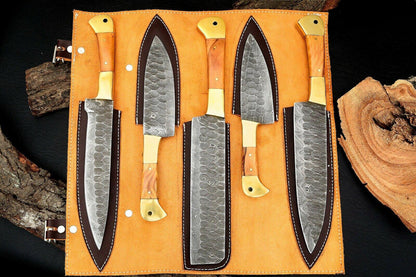 Custom Handmade Damascus Steel Kitchen Chef Knife Set  5 Pc Hand Forged Knives With Wood Handle 2