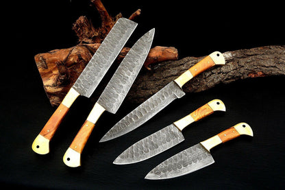 Custom Handmade Damascus Steel Kitchen Chef Knife Set | 5 Pc Hand Forged Knives with Wood Handle