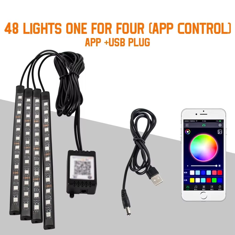 LED Car Interior Ambient Lights  RGB Footwell Lamp Kit With Remote  APP Music Control 12