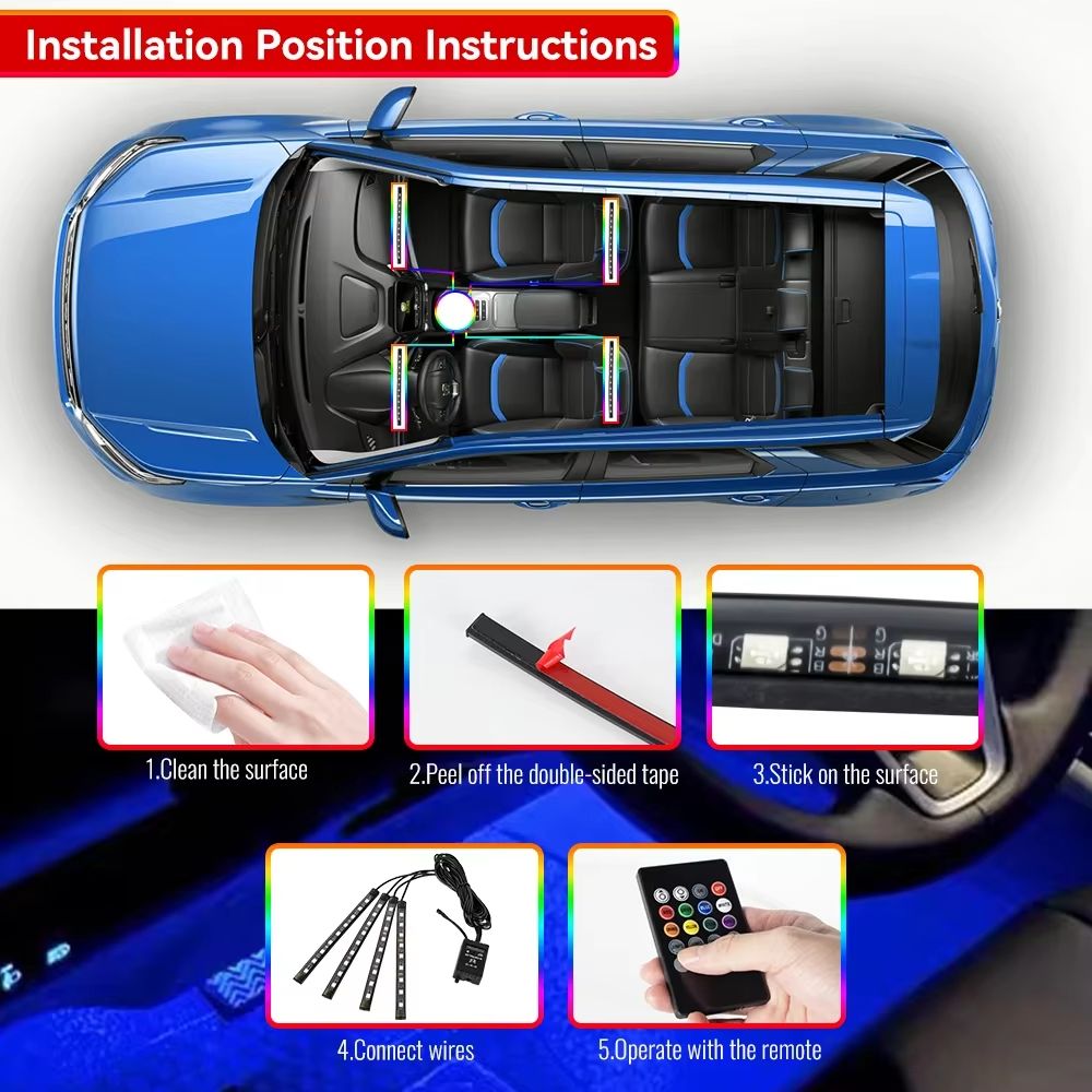 LED Car Interior Ambient Lights  RGB Footwell Lamp Kit With Remote  APP Music Control 5