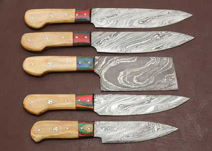 Custom Damascus Steel Chef Knives Set Of 5  Forged Kitchen Cutlery 1