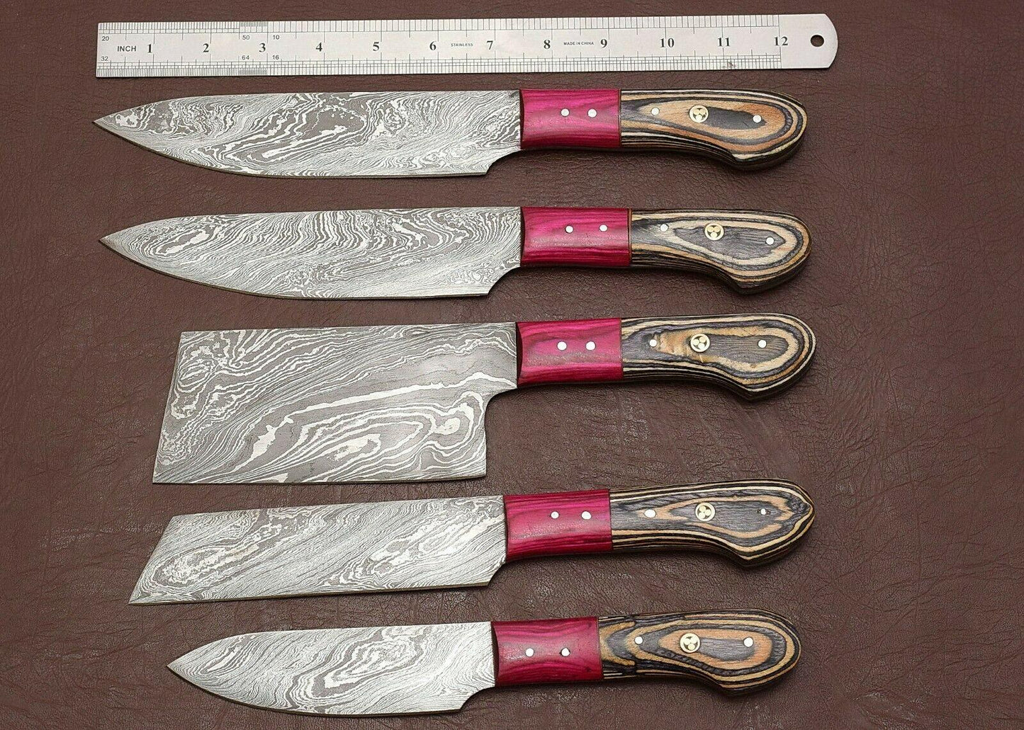 Custom Hand Forged Damascus Steel Knife Set | 5 Pc Chef Collection
