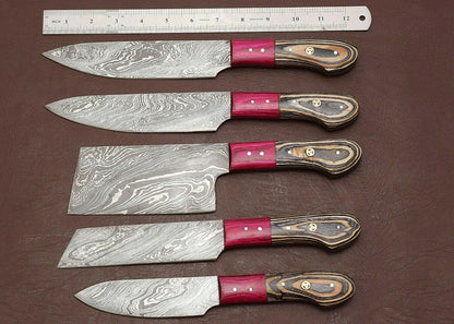 Custom Hand Forged Damascus Steel Knife Set | 5 Pc Chef Collection