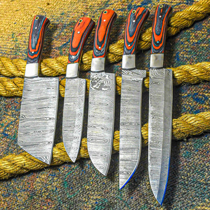 Custom Handmade Damascus Steel Chef Knives | 5 Pc Cutlery Set
