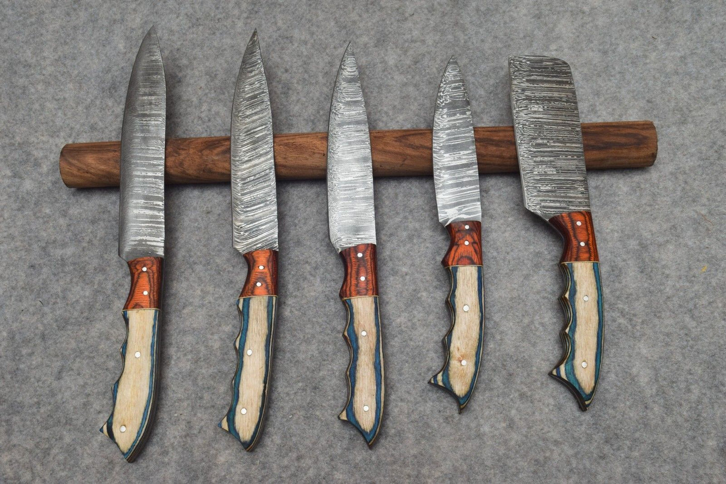 Forged Damascus Steel Chef Knives  5 Piece Handmade Kitchen Set 2