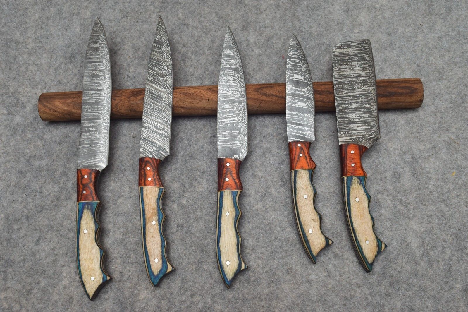 Forged Damascus Steel Chef Knives  5 Piece Handmade Kitchen Set 3