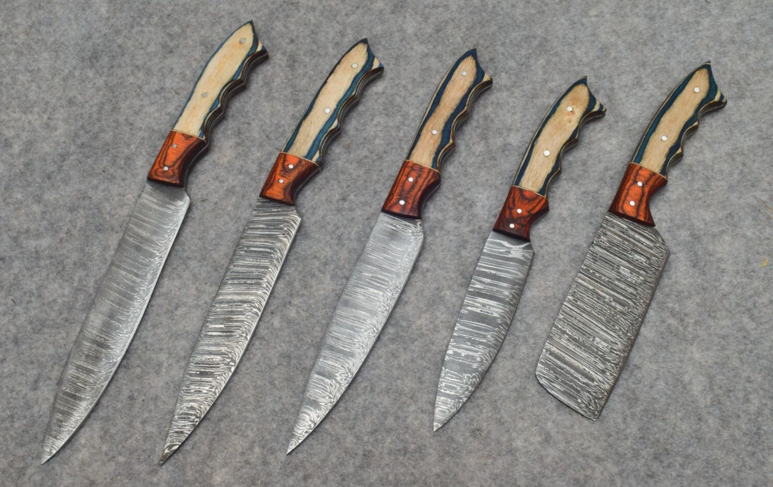 Forged Damascus Steel Chef Knives | 5 Piece Handmade Kitchen Set