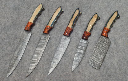 Forged Damascus Steel Chef Knives | 5 Piece Handmade Kitchen Set