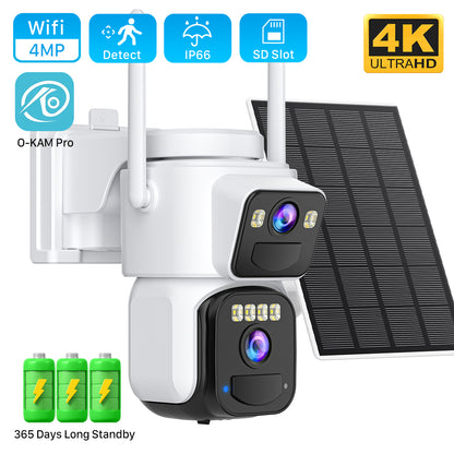Solar Dual Lens 8MP WiFi Security Camera, Outdoor IP Camera with Color Night Vision & PIR Motion Detection, O-KAM App