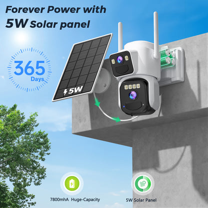 Solar Dual Lens 8MP WiFi Security Camera, Outdoor IP Camera with Color Night Vision & PIR Motion Detection, O-KAM App