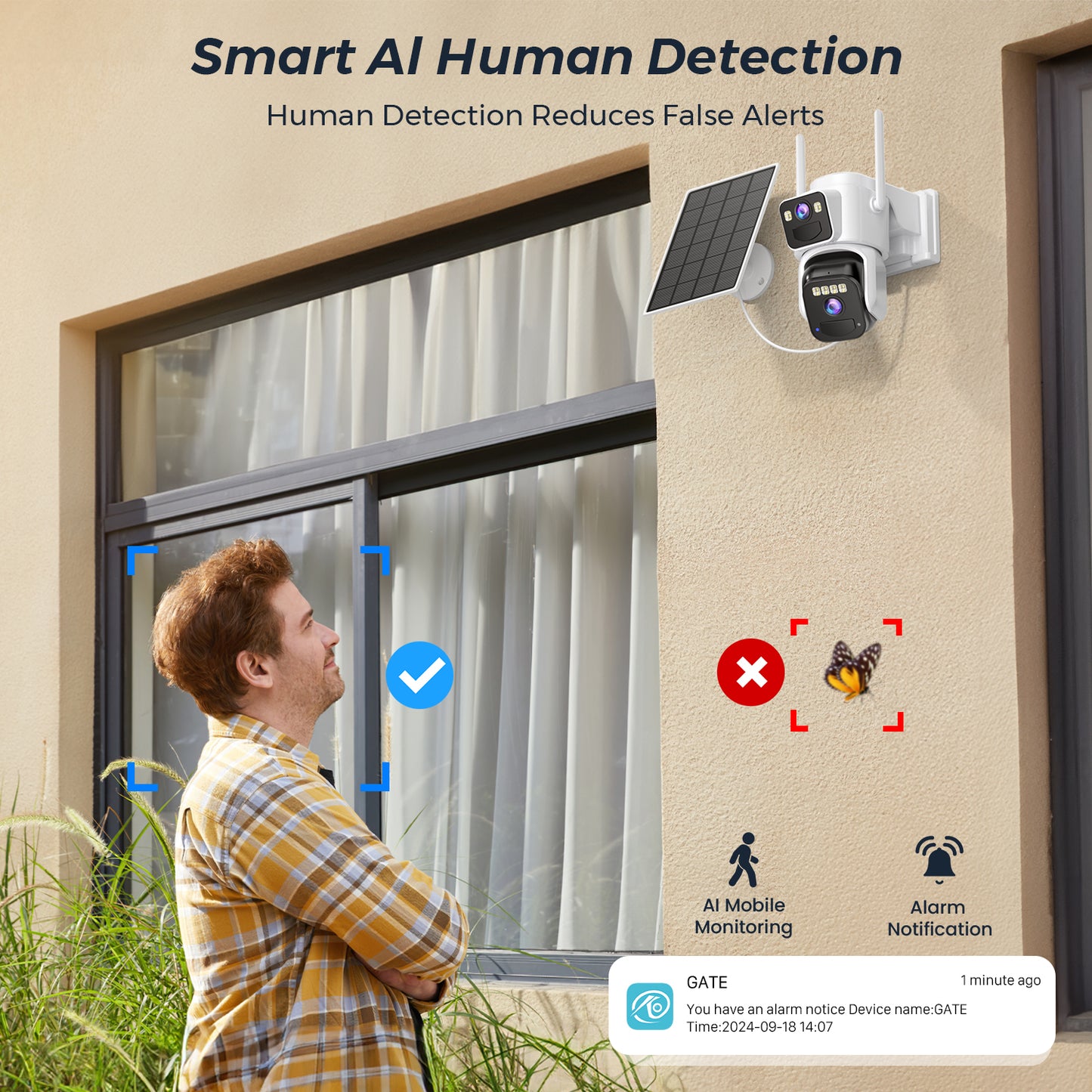 Solar Dual Lens 8MP WiFi Security Camera, Outdoor IP Camera with Color Night Vision & PIR Motion Detection, O-KAM App