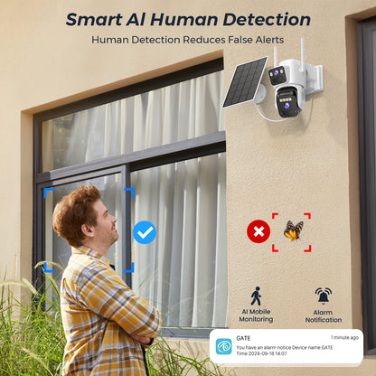 Solar Dual Lens 8MP WiFi Security Camera, Outdoor IP Camera with Color Night Vision & PIR Motion Detection, O-KAM App