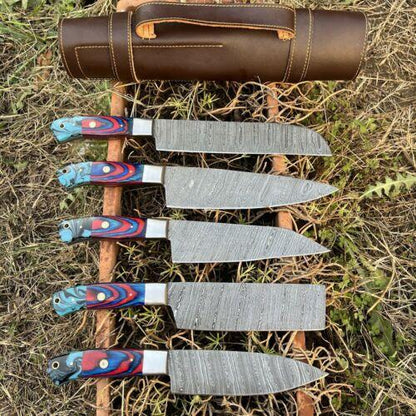 Exclusive Handmade Damascus Steel Kitchen Knife Collection – 5 Pc