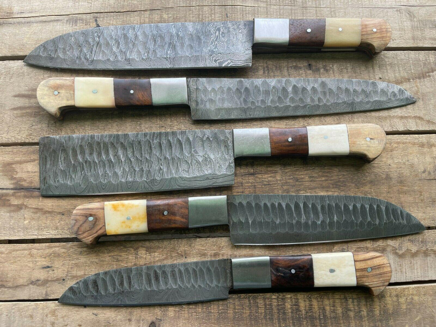 Hand Forged Damascus Steel Chef Knife Set  5 Piece Kitchen  BBQ Knives With Leather Sheath 1