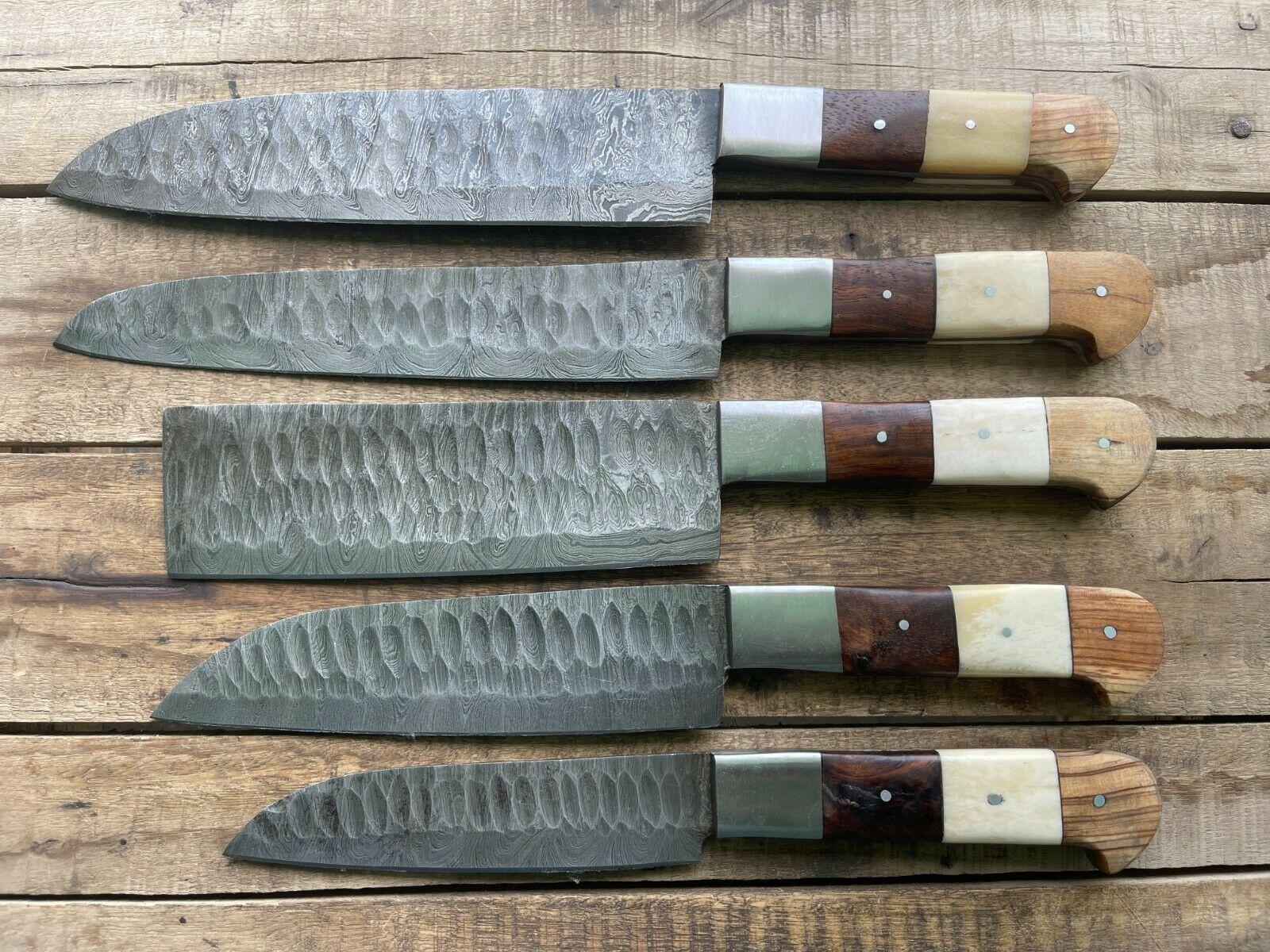 Hand Forged Damascus Steel Chef Knife Set  5 Piece Kitchen  BBQ Knives With Leather Sheath 2