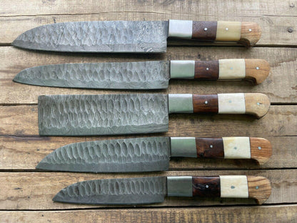 Hand Forged Damascus Steel Chef Knife Set  5 Piece Kitchen  BBQ Knives With Leather Sheath 2