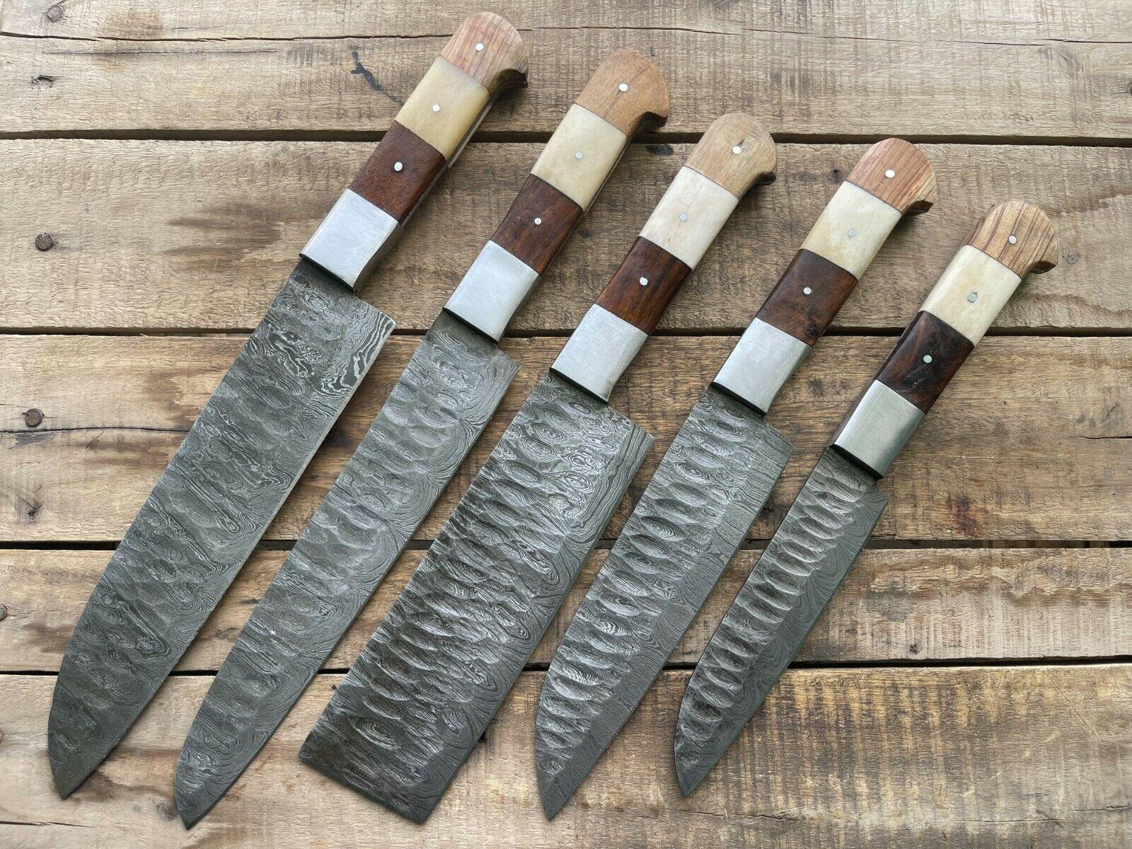 Hand Forged Damascus Steel Chef Knife Set | 5 Piece Kitchen & BBQ Knives with Leather Sheath