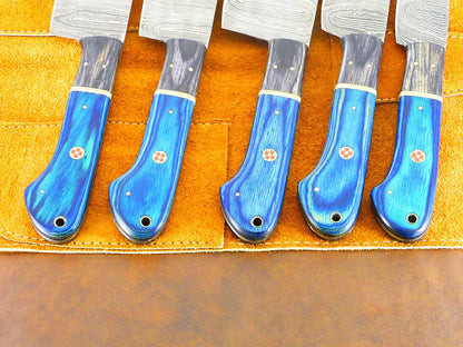 Handcrafted Damascus Steel 5 Piece Chef Knife Set With Leather Sheath 1