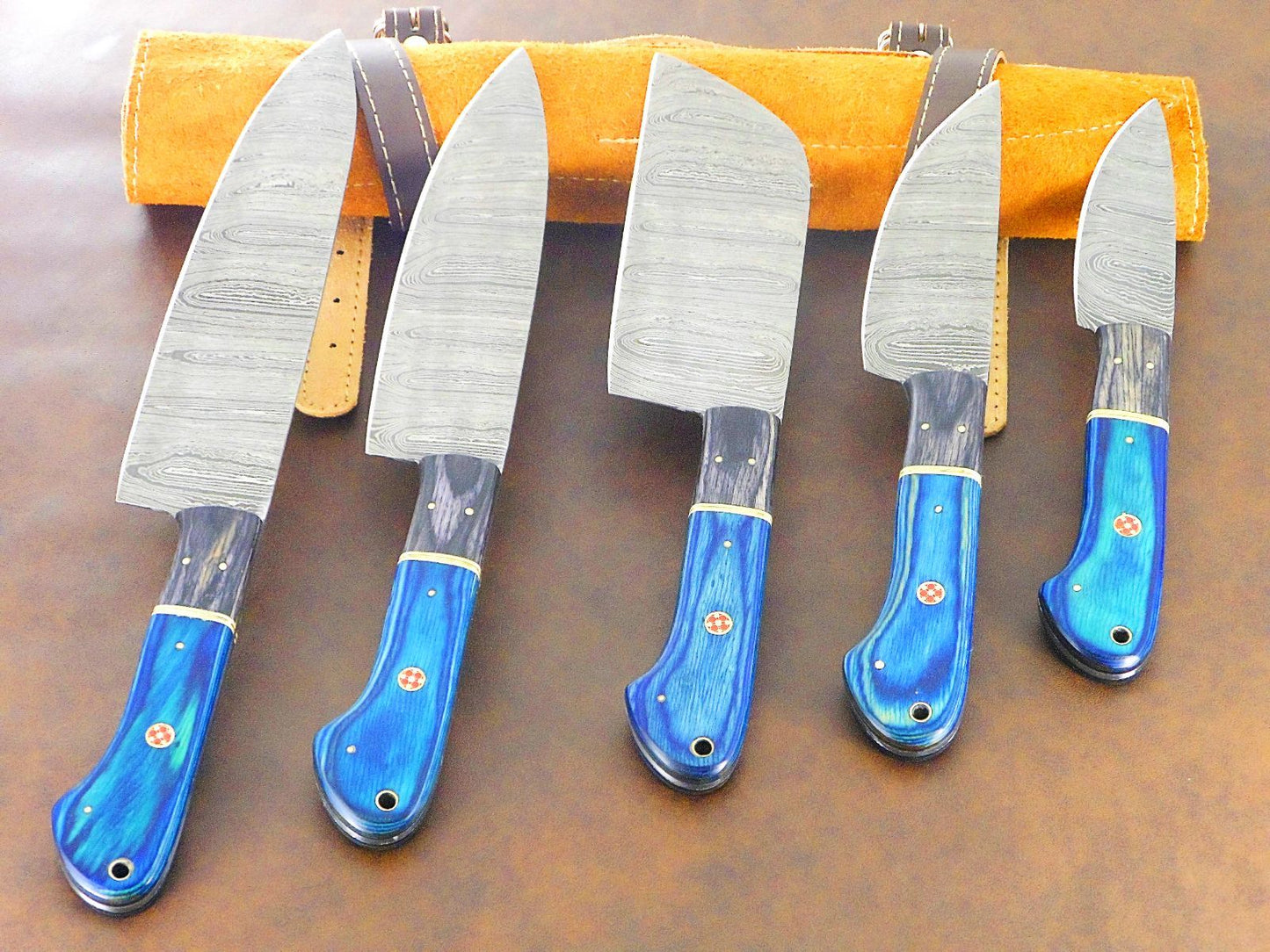 Handcrafted Damascus Steel 5 Piece Chef Knife Set With Leather Sheath 2