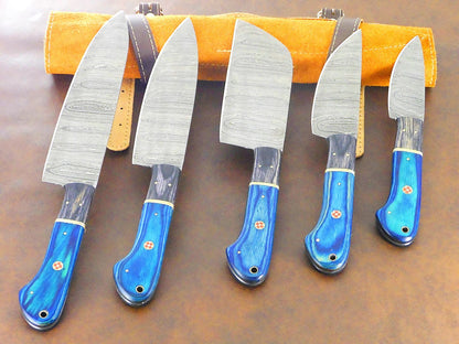 Handcrafted Damascus Steel 5 Piece Chef Knife Set With Leather Sheath 2