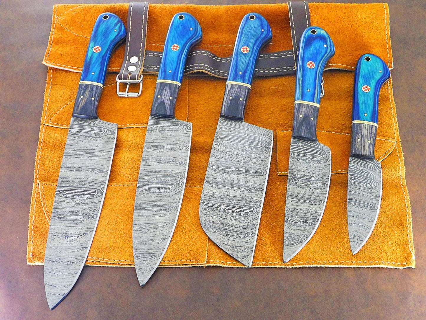 Handcrafted Damascus Steel 5 Piece Chef Knife Set with Leather Sheath