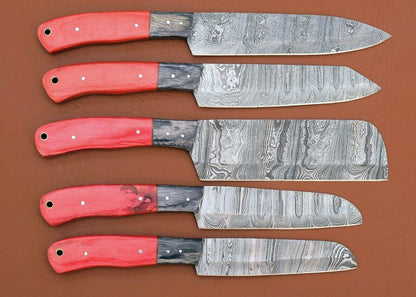 Forged Damascus Steel Chef Knife Set | Handmade 5 Pc Kitchen Cutlery