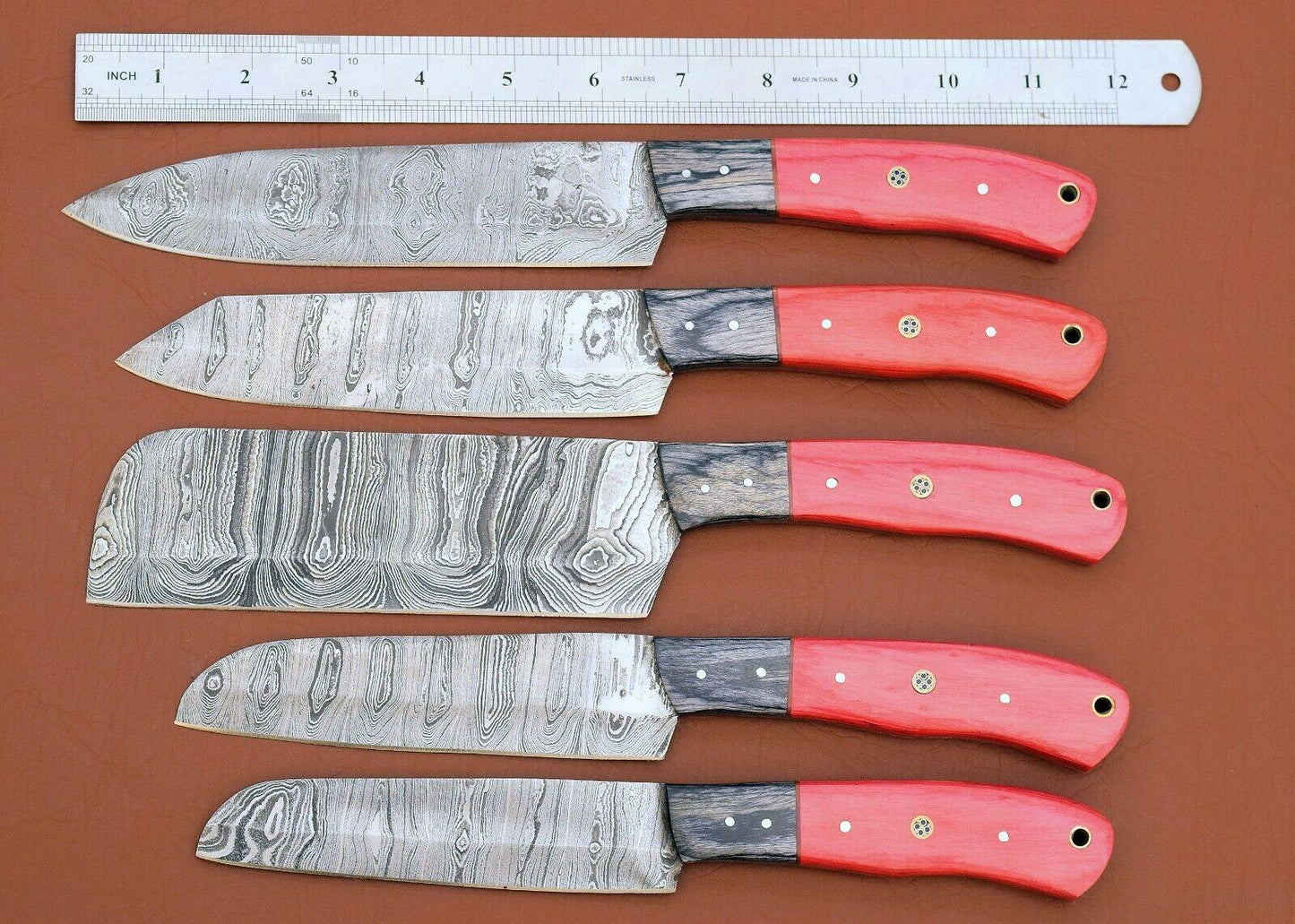 Forged Damascus Steel Chef Knife Set  Handmade 5 Pc Kitchen Cutlery 1