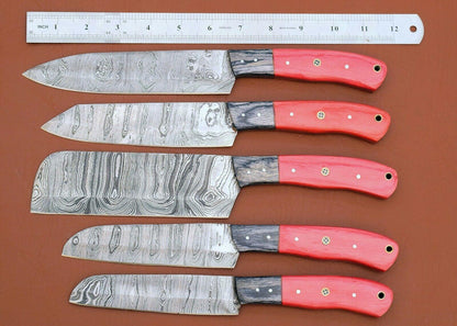 Forged Damascus Steel Chef Knife Set  Handmade 5 Pc Kitchen Cutlery 1