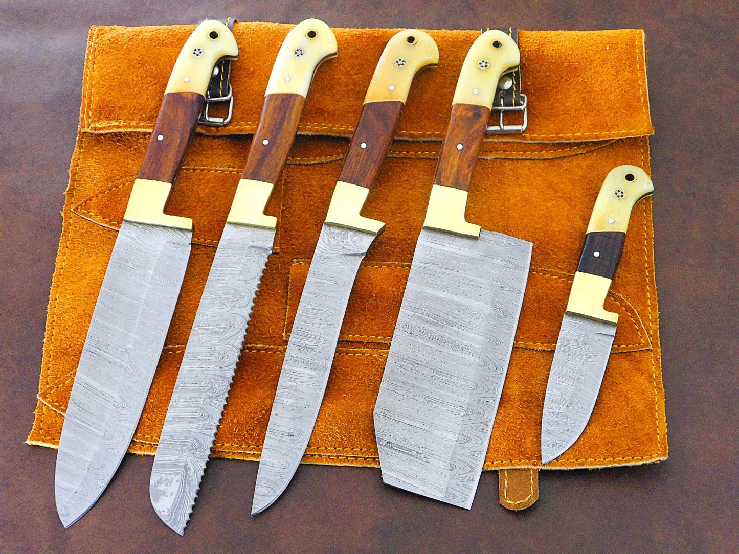 Damascus Steel Chef Knife Collection | 5 Pc Handmade Kitchen Set