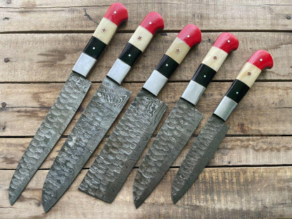 Professional Damascus Steel Kitchen Knife Set | 5 Handmade Chef Knives