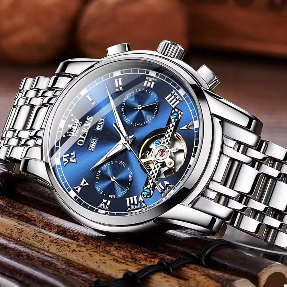 OLEVS Automatic Mechanical Mens Watch  Waterproof Stainless Steel Skeleton Business Wristwatch 2