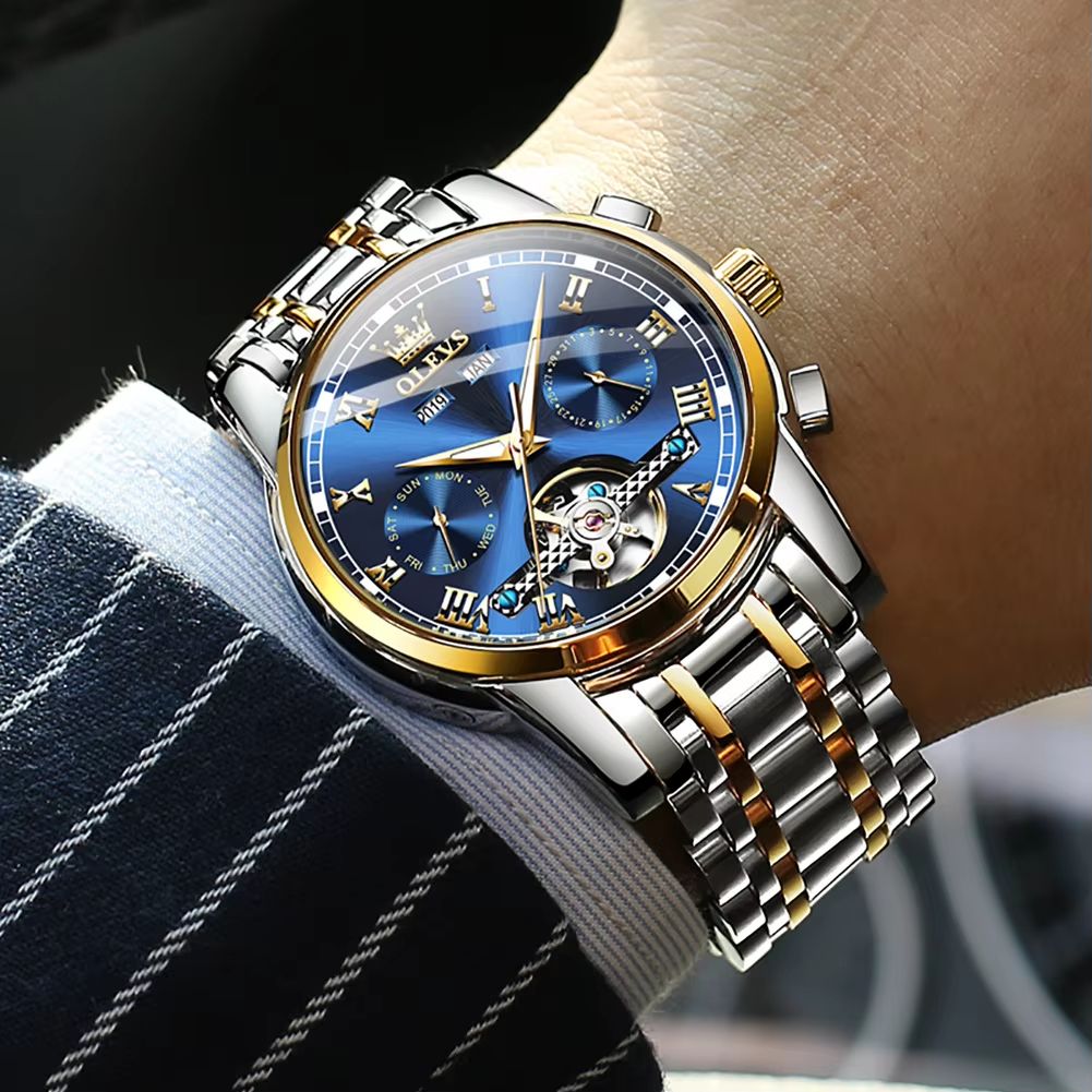 OLEVS Automatic Mechanical Mens Watch  Waterproof Stainless Steel Skeleton Business Wristwatch 3