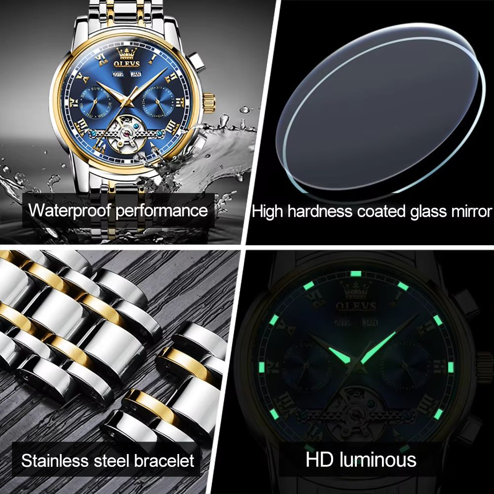 OLEVS Automatic Mechanical Mens Watch  Waterproof Stainless Steel Skeleton Business Wristwatch 5