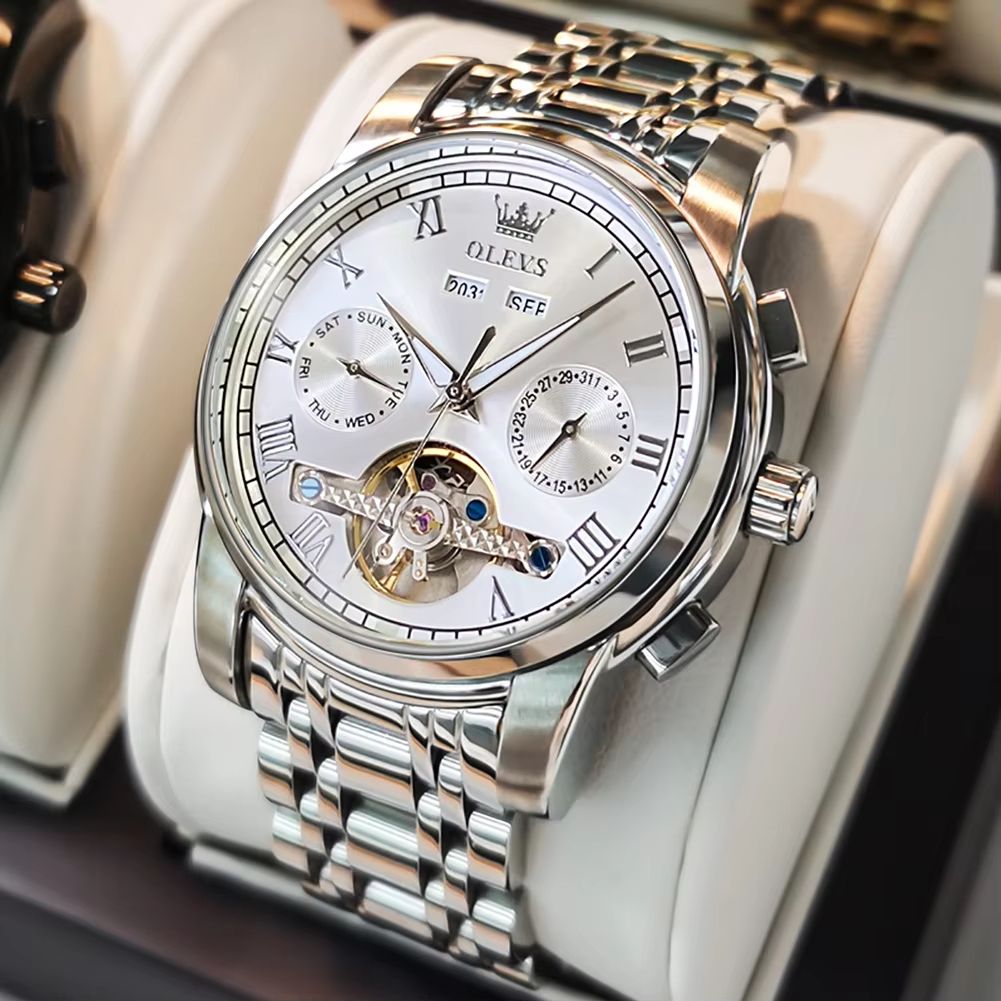 OLEVS Automatic Mechanical Mens Watch  Waterproof Stainless Steel Skeleton Business Wristwatch 9