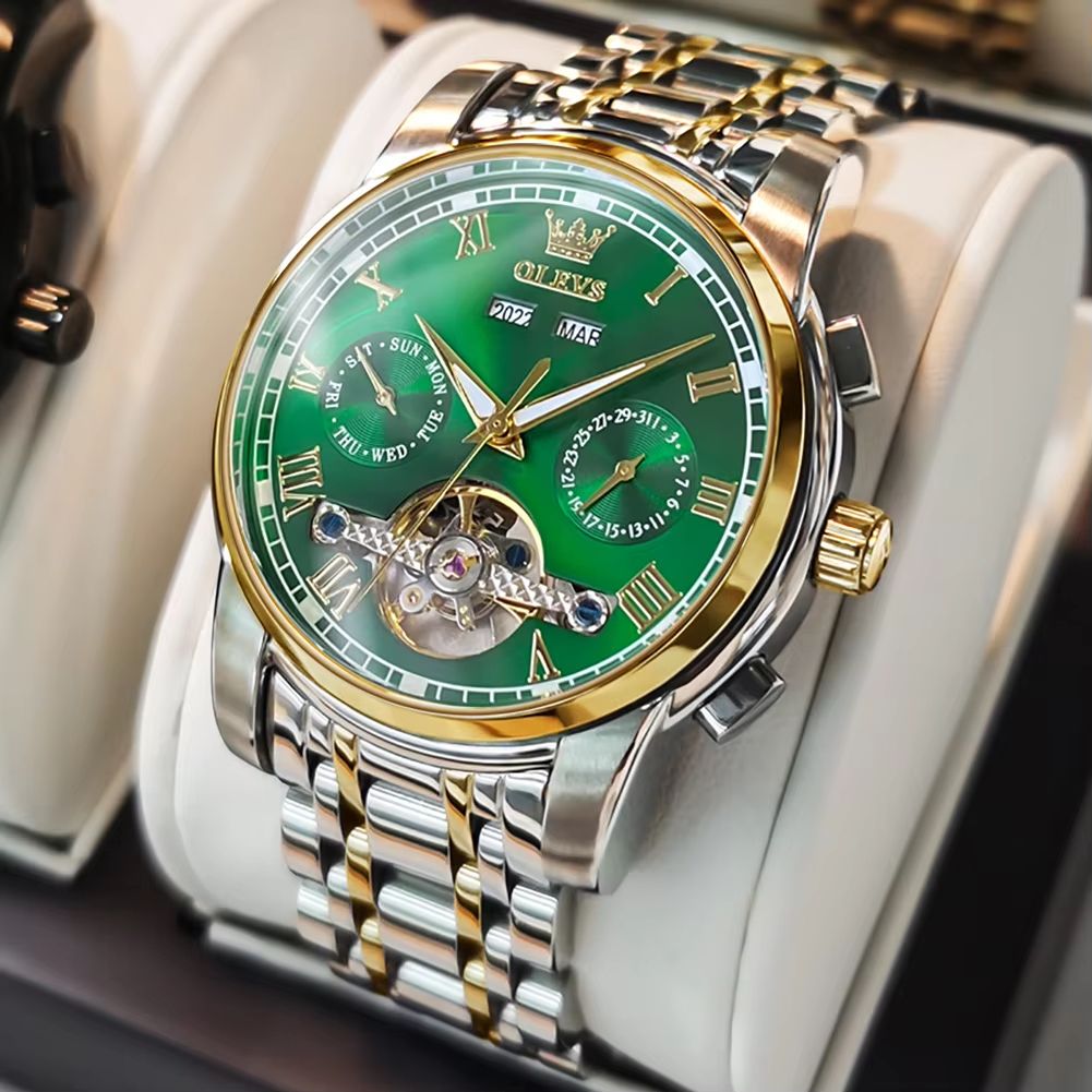 OLEVS Automatic Mechanical Mens Watch  Waterproof Stainless Steel Skeleton Business Wristwatch 11