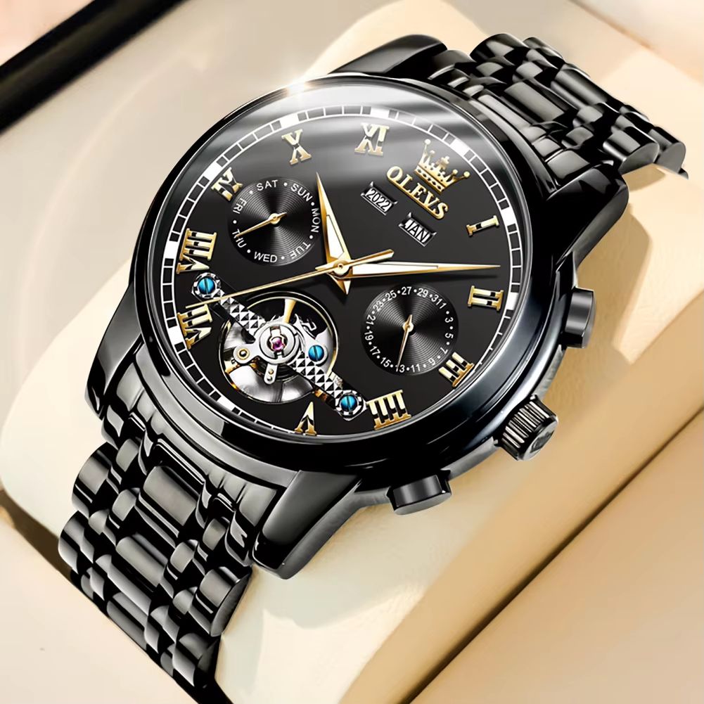 OLEVS Automatic Mechanical Mens Watch  Waterproof Stainless Steel Skeleton Business Wristwatch 12