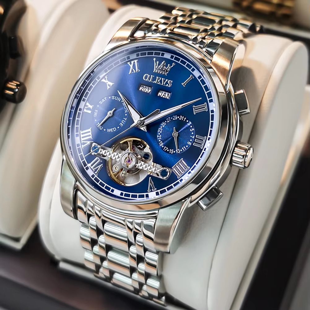 OLEVS Automatic Mechanical Mens Watch  Waterproof Stainless Steel Skeleton Business Wristwatch 7