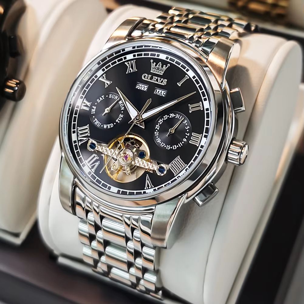 OLEVS Automatic Mechanical Mens Watch  Waterproof Stainless Steel Skeleton Business Wristwatch 8