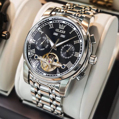 OLEVS Automatic Mechanical Mens Watch  Waterproof Stainless Steel Skeleton Business Wristwatch 8